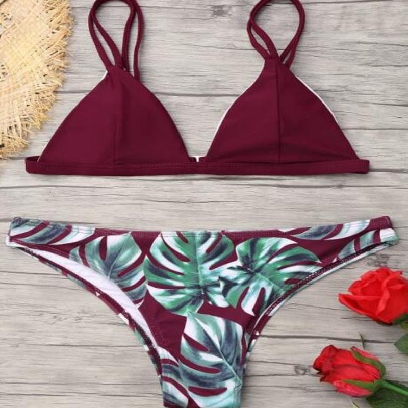 Ladies triangle bikini with trendy leaf pattern Mune Fashion