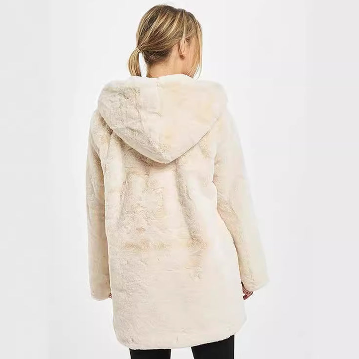 Women's Midi Length Faux Fur Coat with Hood, Teddy Finish and Concealed Button Placket Mune Fashion