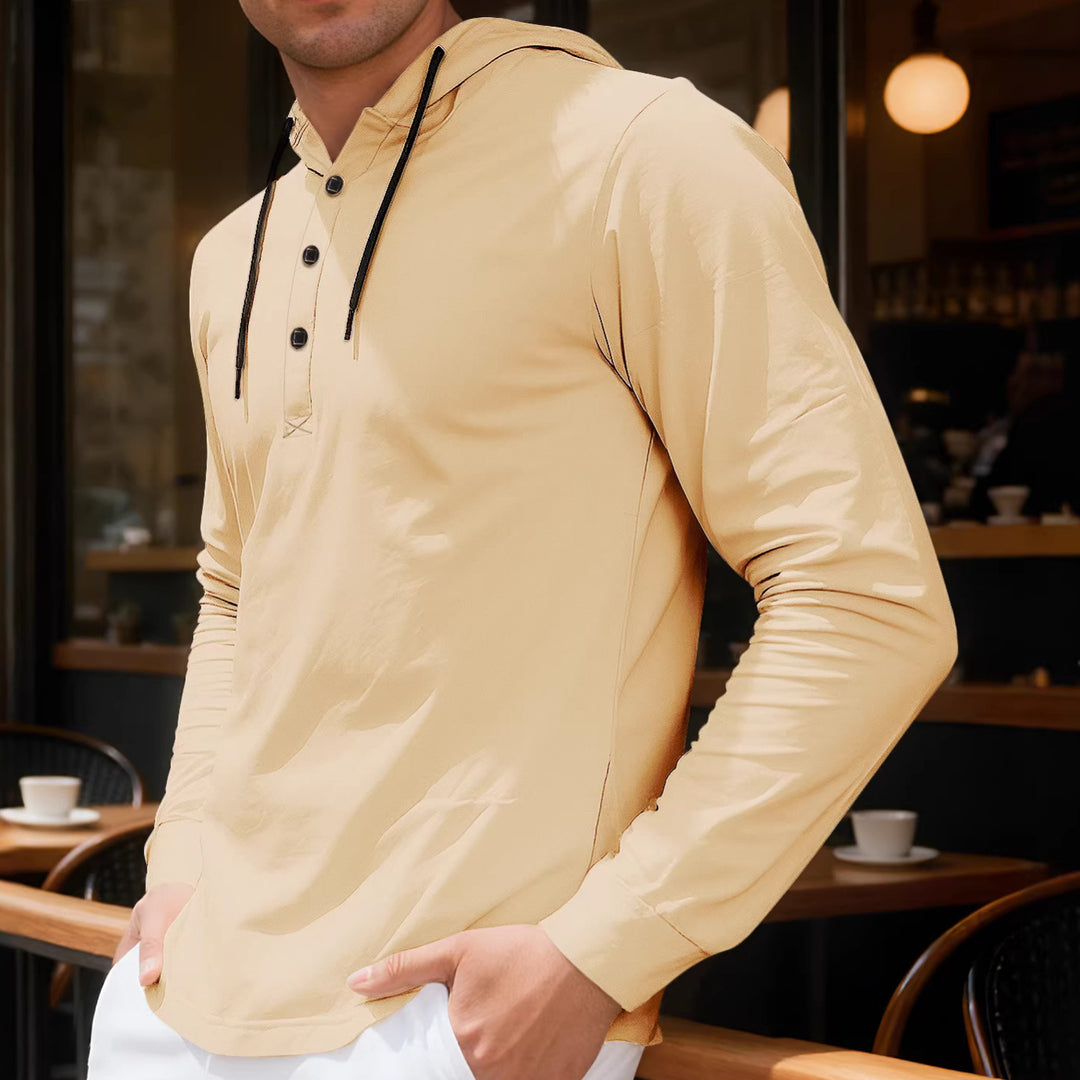 Men's Hooded Henley Long Sleeve Shirt made of lightweight stretch jersey with drawstring Mune Fashion