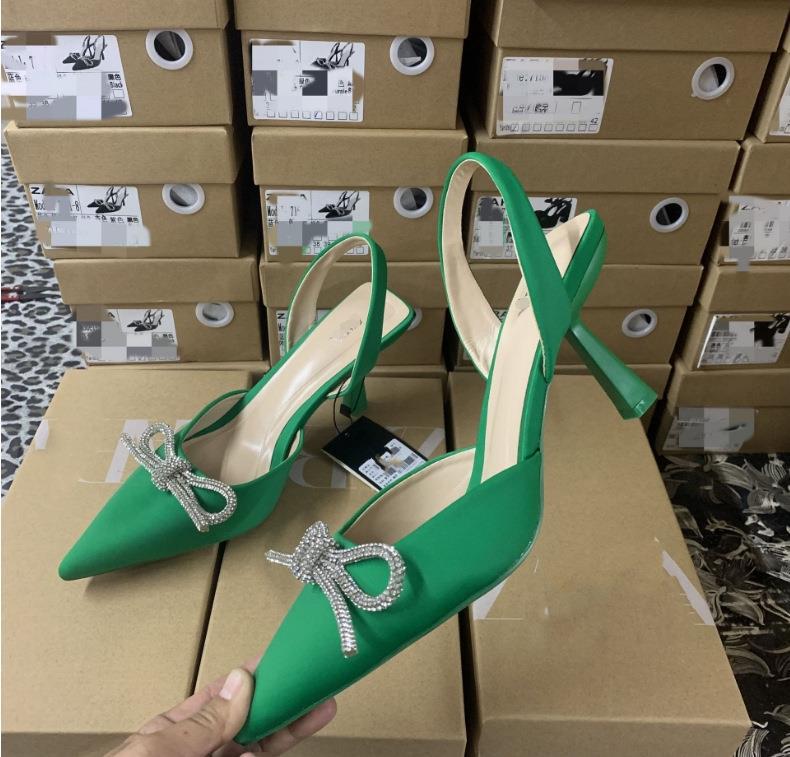 Women elegant Slingback pumps with pointed toe cap and sparkling rhinestone bow Mune Fashion