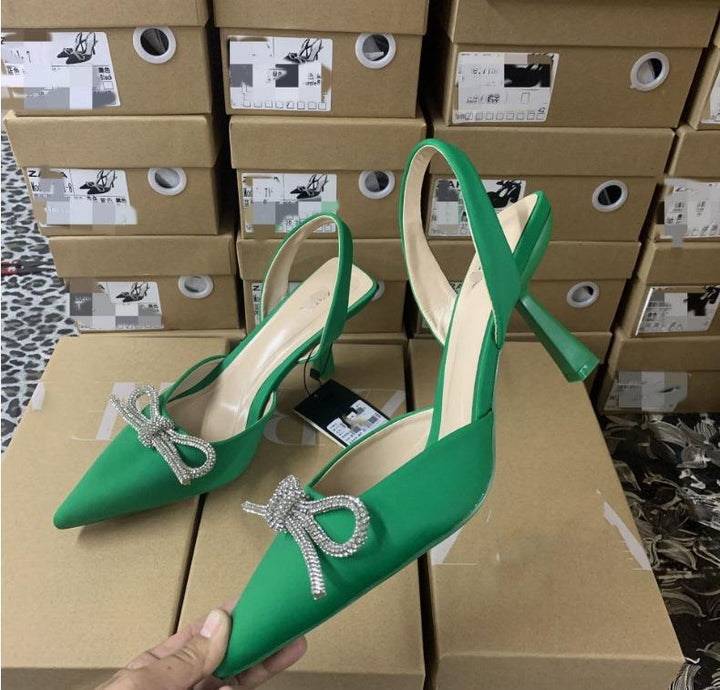 Women elegant Slingback pumps with pointed toe cap and sparkling rhinestone bow Mune Fashion