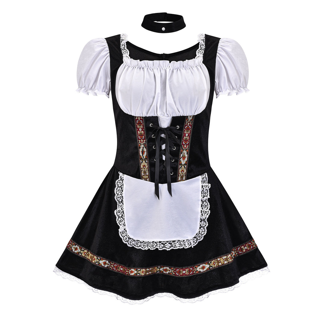Women's short traditional dress in dirndl style with lacing, off-the-shoulder Carmen neckline, and decorative apron Mune Fashion