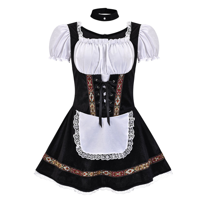 Women's short traditional dress in dirndl style with lacing, off-the-shoulder Carmen neckline, and decorative apron Mune Fashion