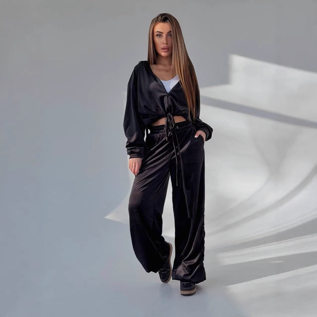 Women's Cropped Hoodie Sweatshirt with Drawstring at Hem and Loose Gathered Lounge Pants Mune Fashion