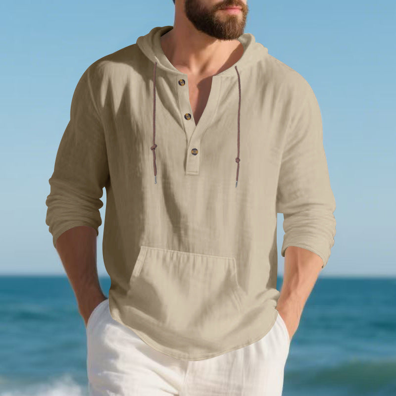 Men's lightweight linen Henley hoodie top with kangaroo pocket and casual relaxed fit Mune Fashion