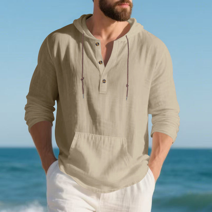 Men's lightweight linen Henley hoodie top with kangaroo pocket and casual relaxed fit Mune Fashion