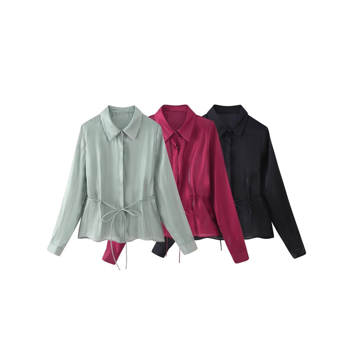Women's Silky Blouse with Waistband and Concealed Button Placket Mune Fashion