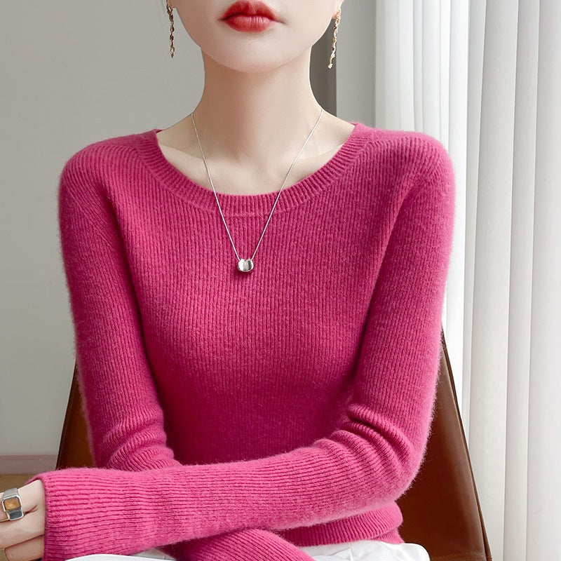 Women's Tailored Round Neck Sweater in Fine Ribbed Cashmere Look Mune Fashion