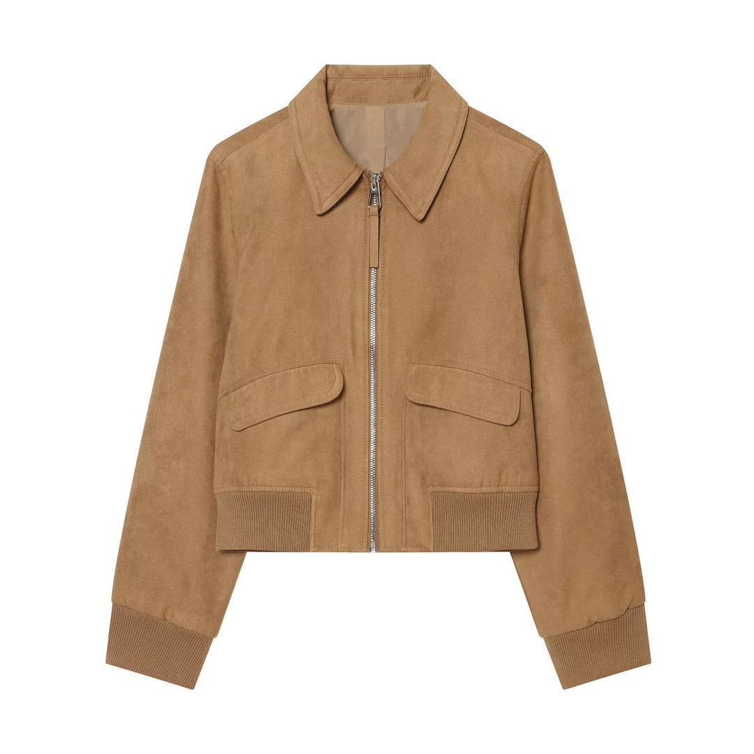 Women's Short Suede Leather Blouson in Boxy Cut with Shirt Collar, Flap Pockets and Wide Ribbed Cuff