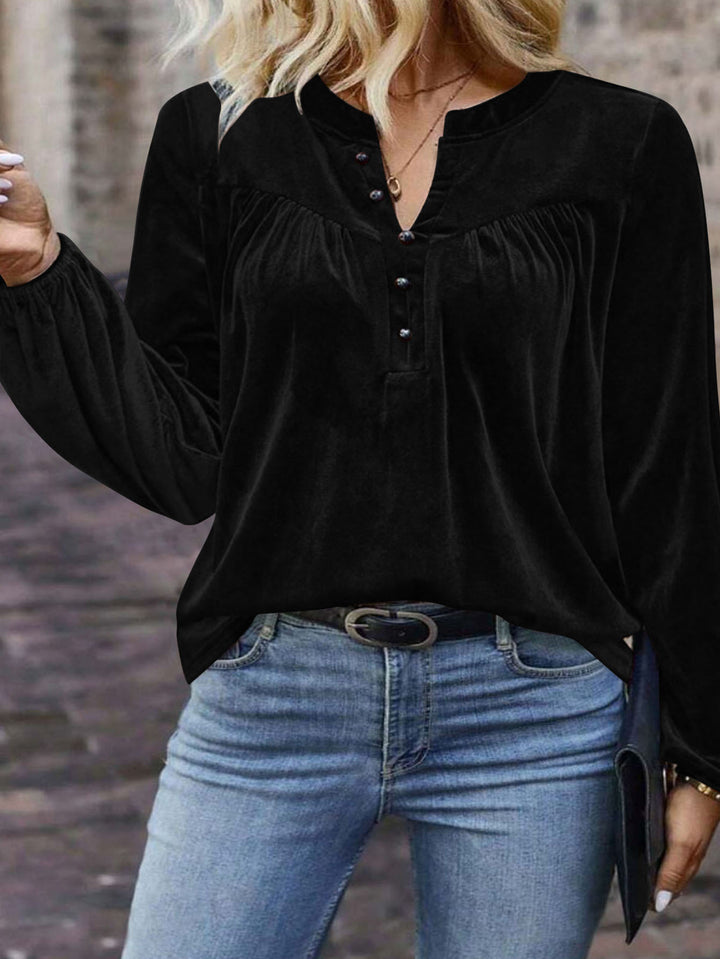 Women's velour sweatshirt with Henley button placket, gathered chest yoke, and relaxed silhouette Mune Fashion