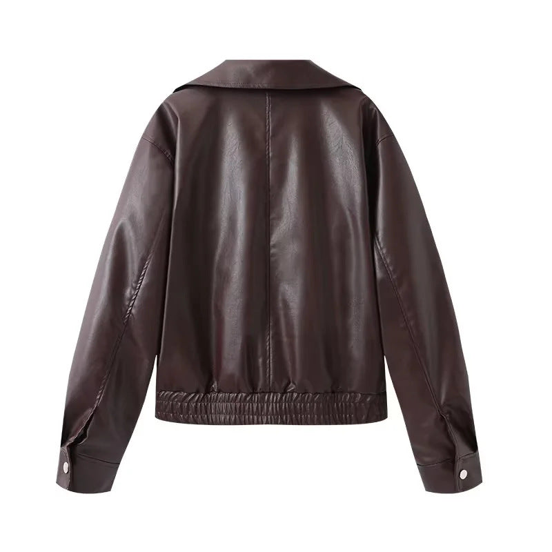 Women's fitted faux leather bomber jacket with large lapel collar, full-length zipper and elastic waistband Mune Fashion