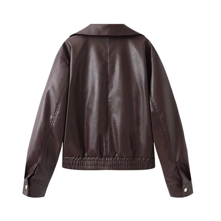 Women's fitted faux leather bomber jacket with large lapel collar, full-length zipper and elastic waistband Mune Fashion