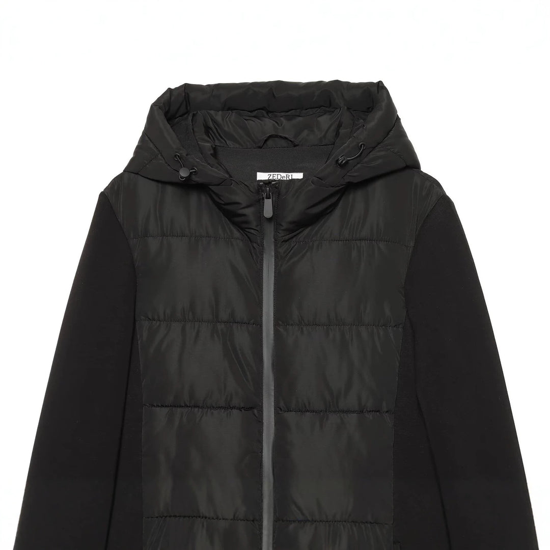 Women's short jacket in a material mix with quilted front, hood, and tailored drawstring Mune Fashion