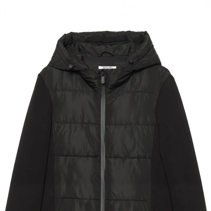 Women's short jacket in a material mix with quilted front, hood, and tailored drawstring Mune Fashion