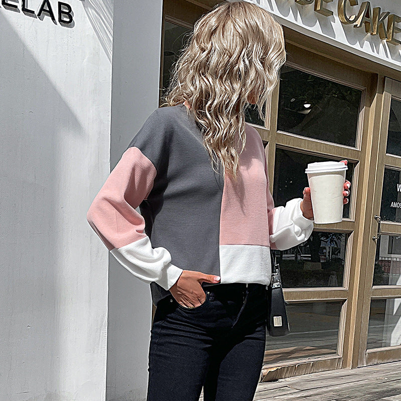 Women's Colorblock Waffle Knit Sweatshirt with Round Neck and Casual Fit Mune Fashion