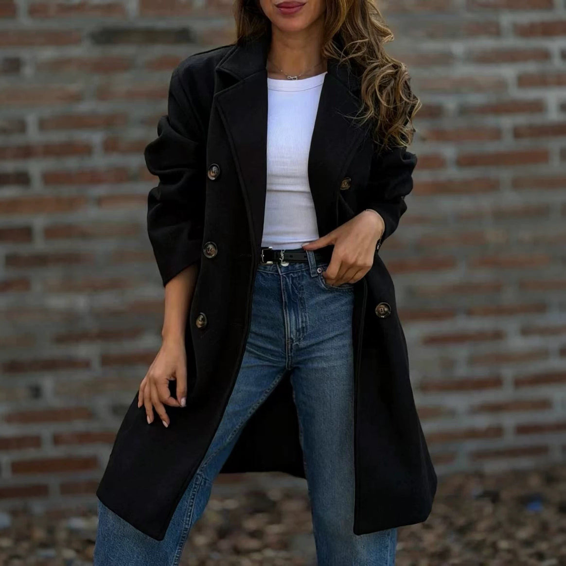 Women double-breasted wool blend short coat with lapel collar Mune Fashion