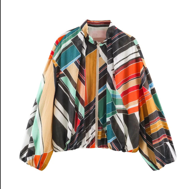 Women's Oversized Bomber Jacket made of lightweight fabric with stand-up collar, zipper, and elastic hem