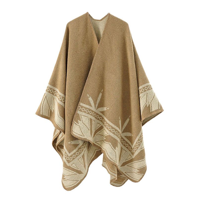 Women's Coarse Woven Poncho Cape made of Wool Blend with V-Neck and Ornamental Jacquard Mune Fashion