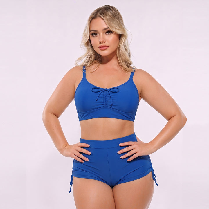 Women High-Cut Tankini Set with Adjustable Straps and Gathering Mune Fashion