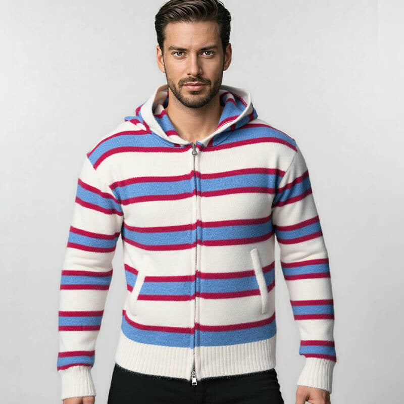 Men's Striped Knit Hoodie with Full Zipper and Ribbed Cuffs Mune Fashion