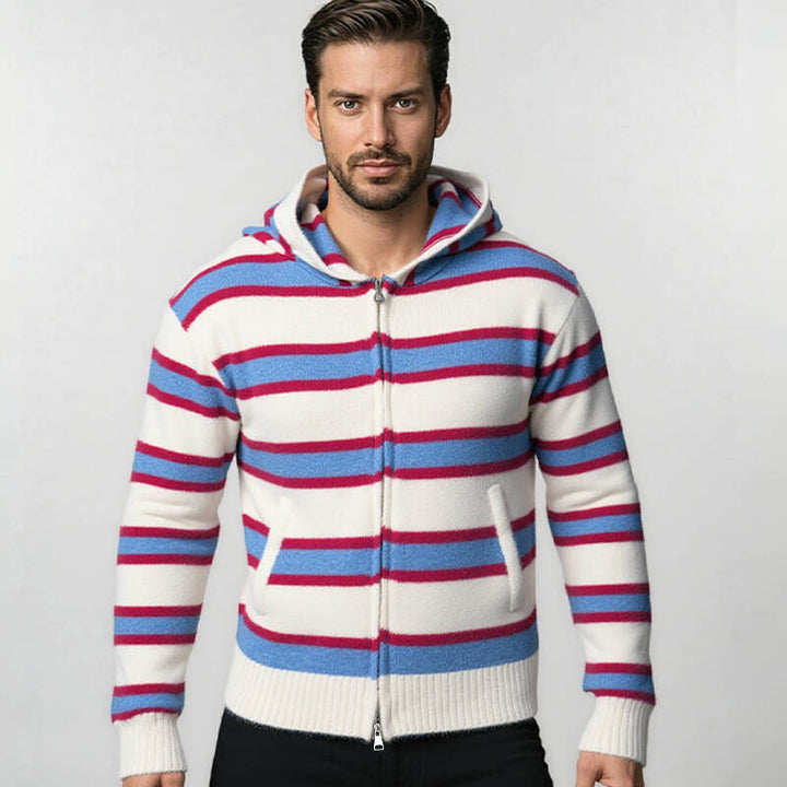 Men's Striped Knit Hoodie with Full Zipper and Ribbed Cuffs Mune Fashion
