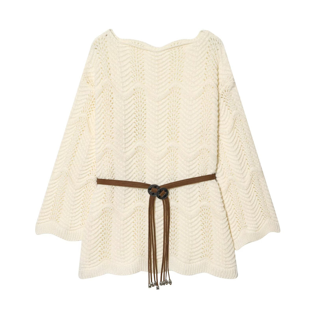 Women's Knit Poncho-Cape with Openwork Pattern and Leather Tassel Belt Mune Fashion