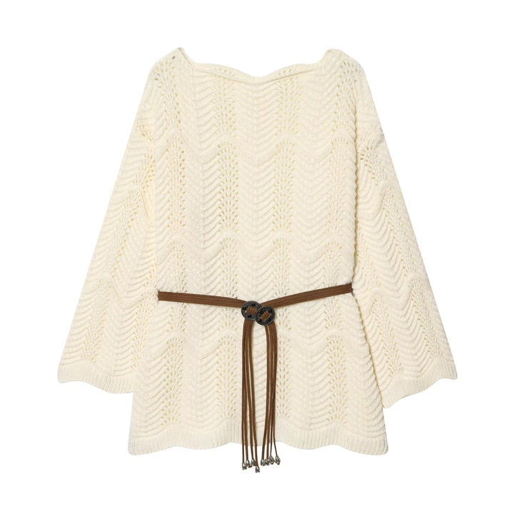 Women's Knit Poncho-Cape with Openwork Pattern and Leather Tassel Belt Mune Fashion