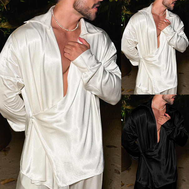 Women nan asymmetric satin wrap blouse with deep V-neck Mune Fashion