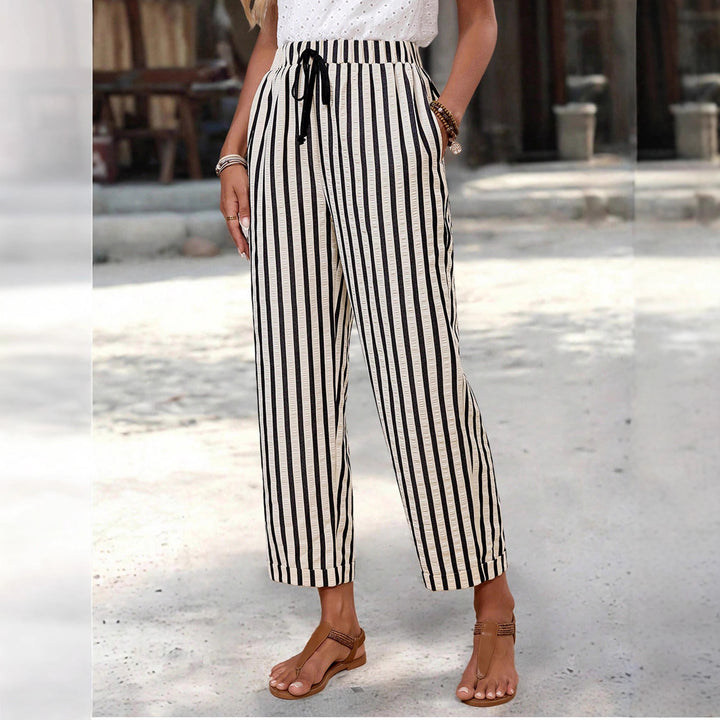 Women's Lightweight High-Waisted Striped Pants with Elastic Waistband, Drawstring, and Side Pockets