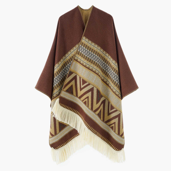 Ladies Jacquard Ruana with fringes and folk pattern Mune Fashion