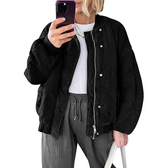 Women's Padded Oversized Quilted Bomber Jacket with Ribbed Cuffs and Decorative Stitching Mune Fashion
