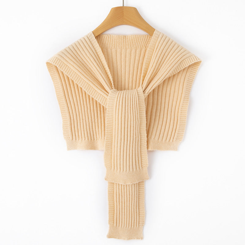 Women's Short Ribbed Knit Shoulder Warmer with Integrated Scarf Mune Fashion