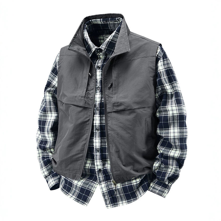 Men's Multifunctional Canvas Vest with Front and Chest Pockets and Adjustable Hem Mune Fashion