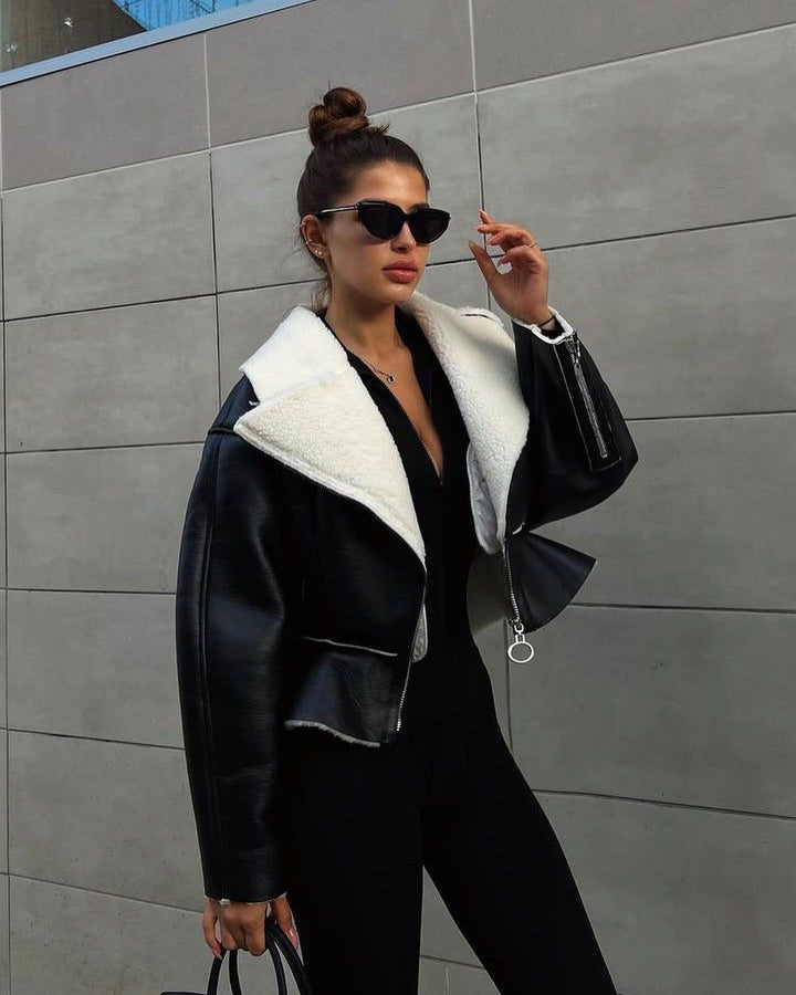Women's Short Lambskin Imitation Biker Jacket with Oversized Collar and Asymmetrical Zipper Mune Fashion