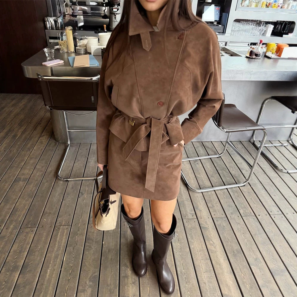 Women's Short Suede Set: Tailored Blouson with Stand Collar & Matching Mini Skirt Mune Fashion