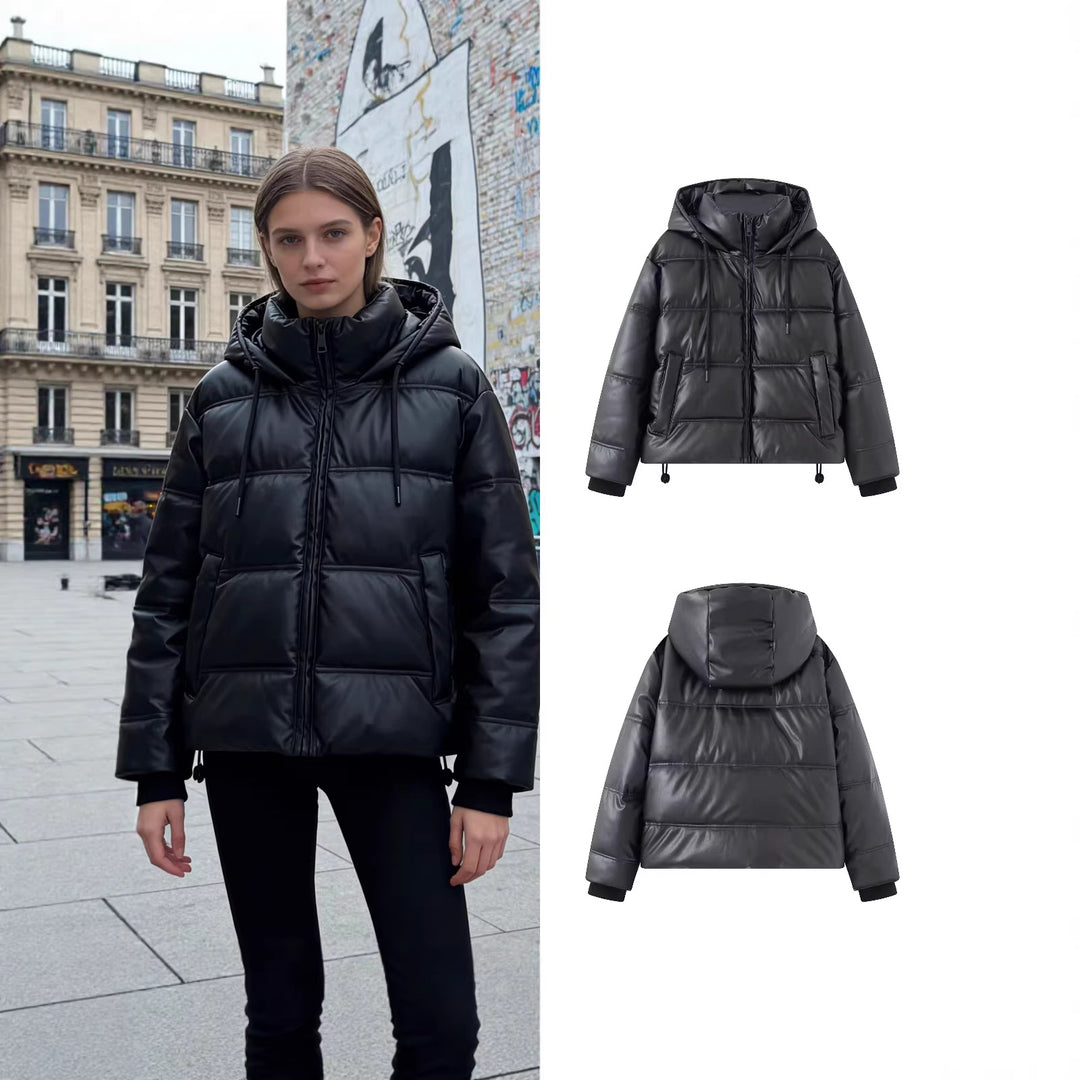 Women's Short Quilted Faux Leather Puffer Jacket with Hood, Drawstring and Side Pockets Mune Fashion