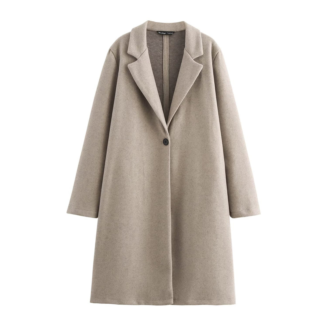 Ladies Purist longline coat with lapel collar, single button closure and soft felt finish Mune Fashion