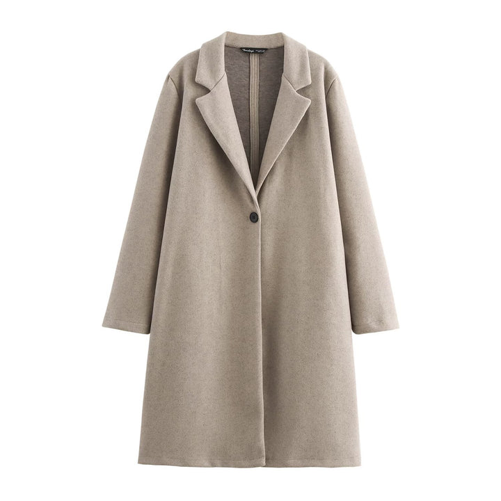 Ladies Purist longline coat with lapel collar, single button closure and soft felt finish Mune Fashion