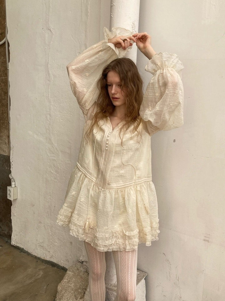 Women's Romantic Mini Tunic Dress with Ruffles and Balloon Sleeves Mune Fashion
