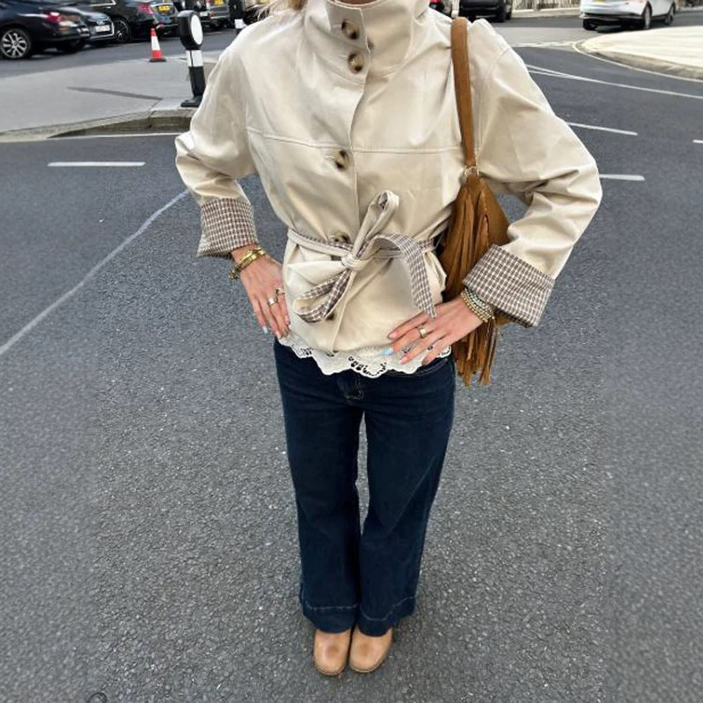Women's Short Tailored Faux Leather Jacket with Stand-Up Collar, Check Cuffs & Tie Belt Mune Fashion