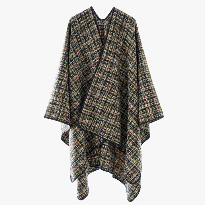 Women's Boucle-Tweed Cape-Poncho with V-Neck and Contrasting Trim Mune Fashion