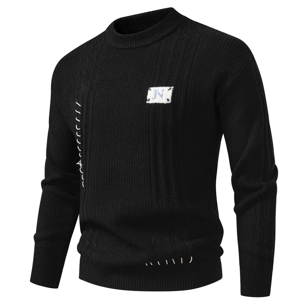 Men's Structured Ribbed Knit Pullover with Decorative Seams and Logo Patch Mune Fashion