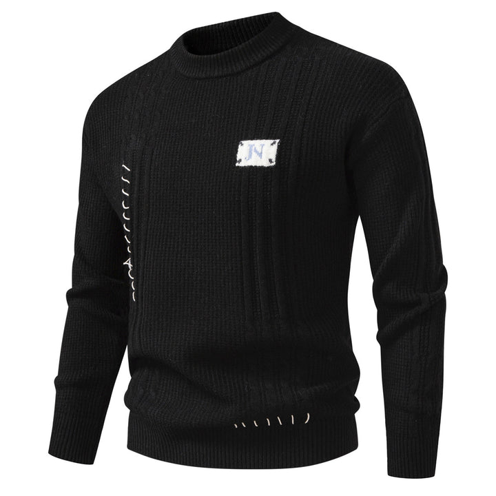 Men's Structured Ribbed Knit Pullover with Decorative Seams and Logo Patch Mune Fashion