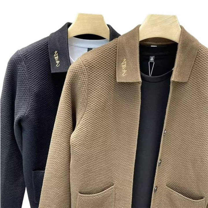Men's Structured Knit Transitional Jacket with Shirt Collar and Patch Pockets Mune Fashion