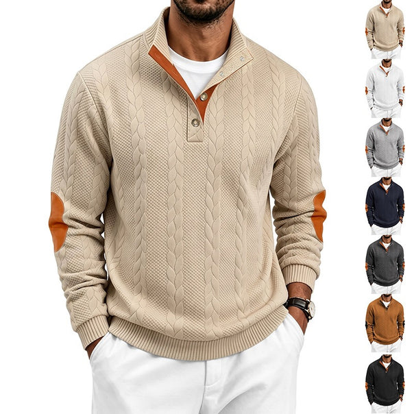 Men's knitted sweater with cable pattern, stand-up collar and elbow patches Mune Fashion