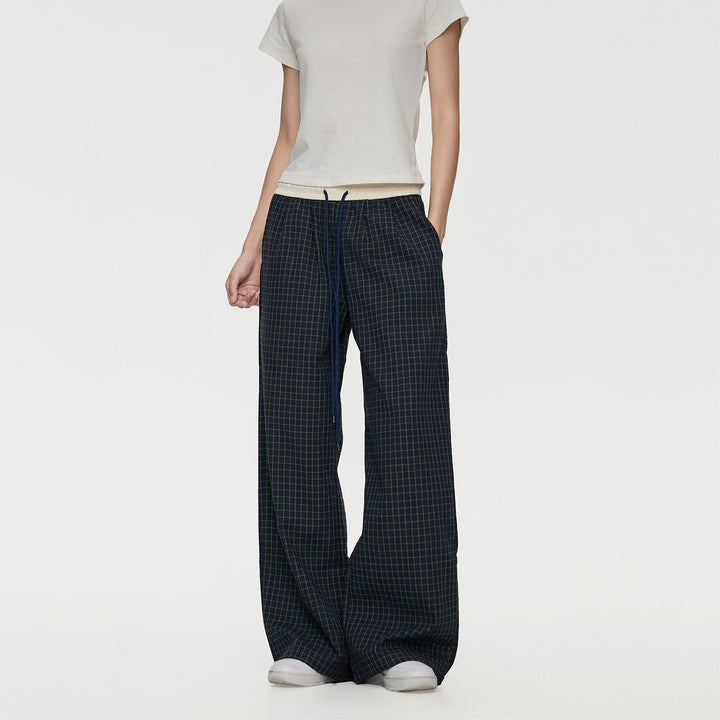 Ladies Wide Relaxed Lounge Pants with Drawstring Waist, Checkered Pattern & Pockets Mune Fashion