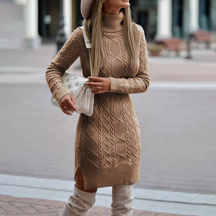 Women's figure-hugging knitted dress with roll neck, cable pattern, side slit and ribbed hem Mune Fashion
