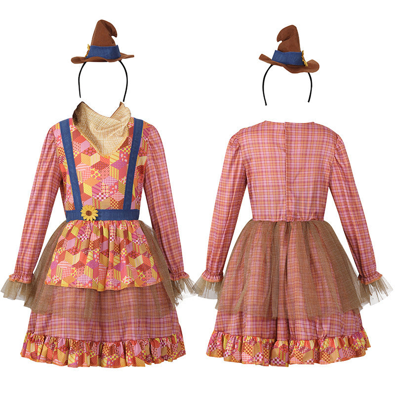 Girl Scarecrow Costume with Colorful Checkered Pattern and Stiff Hat Mune Fashion