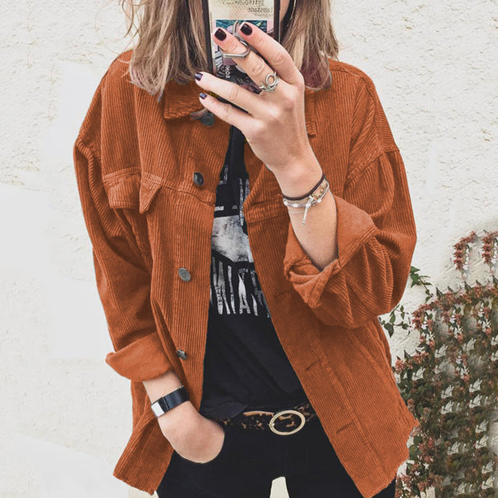Women nano oversized cord jacket with applied pockets and classic button placket Mune Fashion