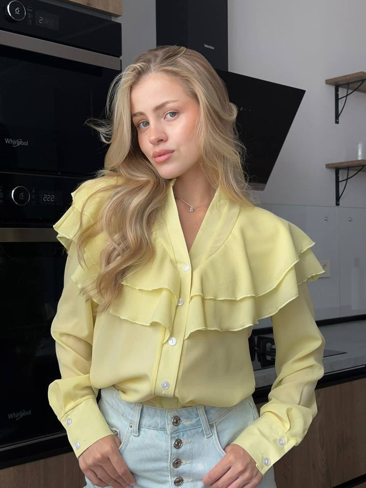 Women's chiffon blouse with layered ruffle and pearl buttons Mune Fashion